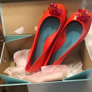 Oka b ballet flats in Guava w crystals. Size 8